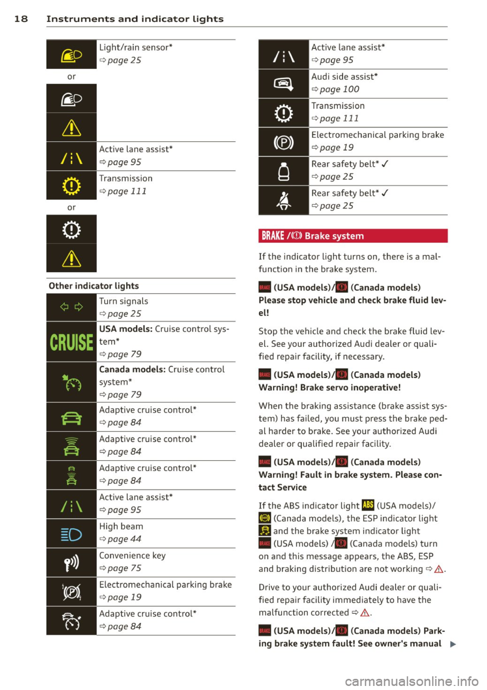AUDI A3 2015  Owners Manual 18  Instruments  and  indicator  lights 
or 
/: 
or  l
ig ht/ rain senso r* 
c>page  25 
Active lane assist" 
c>p age  95 
Transmission 
c>page  111 
Other indicator  lights 
D 
y>)) 
~------------
Tu