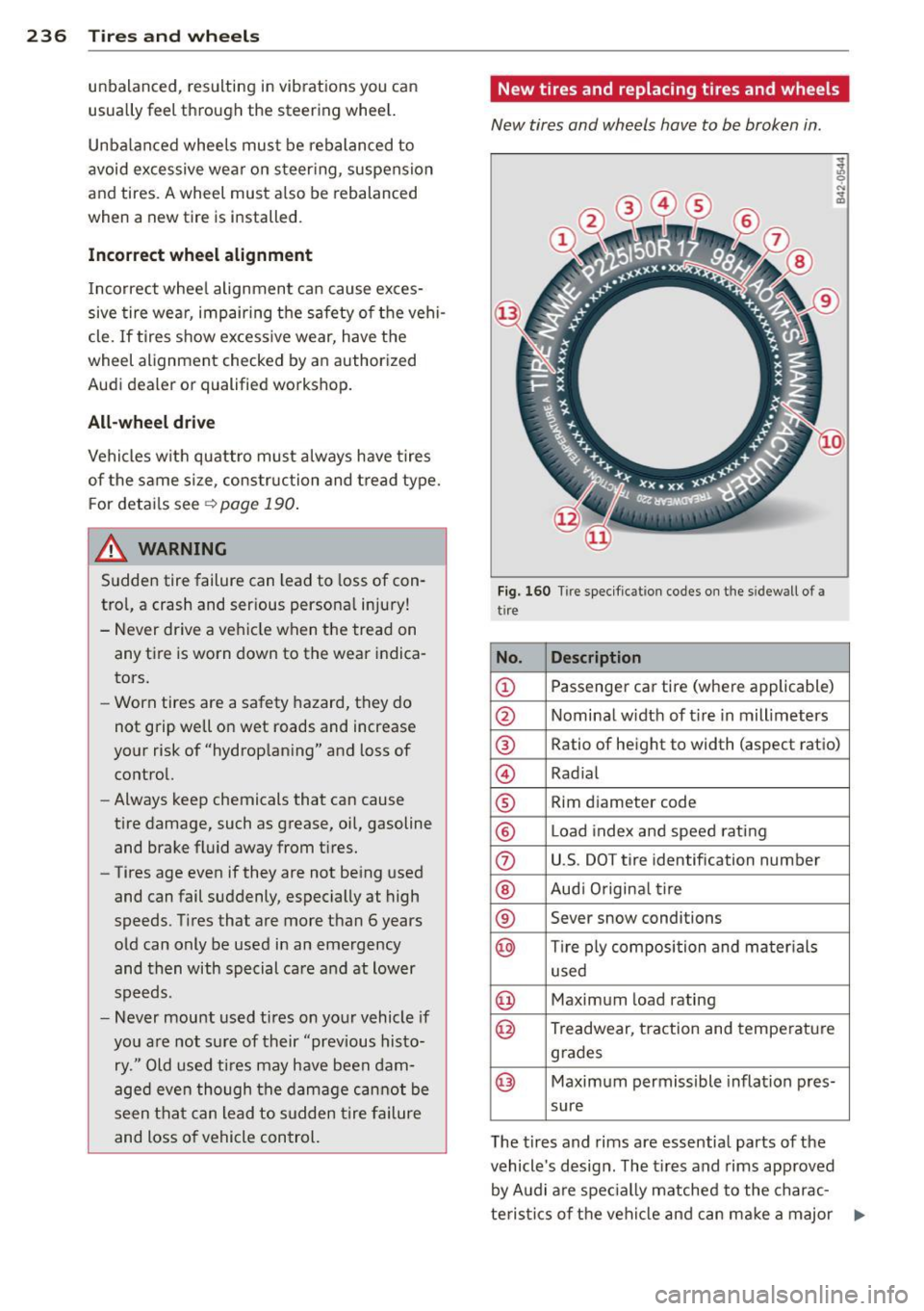 AUDI A3 2015  Owners Manual 236  Tires and  wheels 
unbalanced, resulting in vibrations  you  can 
usually  feel  through  the  steering  whee l. 
Unbalanced  wheels  must  be rebalanced  to 
avoid  excessive  wea r on  steer in