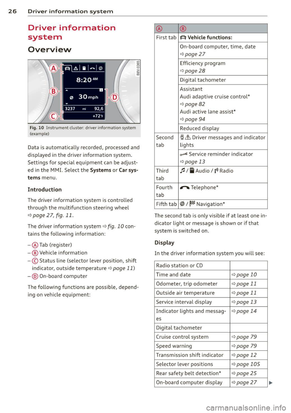 AUDI A3 2015 Owners Manual 26 Driver information system
Driver information
system
Overview
Fig . 10 In strument cluster : dr iver info rm ation system
(ex am ple)
Data is automatically recorded, processed and
d AUDI A3 2015 Owners Manual 26 Driver information system
Driver information
system
Overview
Fig . 10 In strument cluster : dr iver info rm ation system
(ex am ple)
Data is automatically recorded, processed and
d