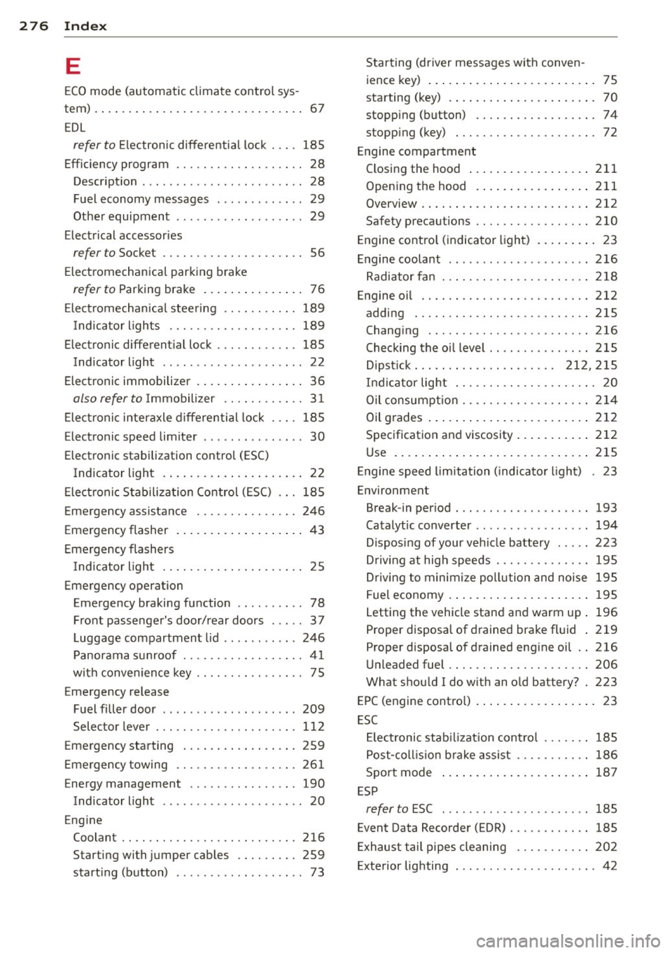 AUDI A3 2015 Owners Guide 276 Index
E
ECO mode (automatic climate control sys -
tem) . ..... .. ................ ..... .. 67
EDL
refer to Electronic differentia l lock . .. . 185
Efficiency program . . . . . . AUDI A3 2015 Owners Guide 276 Index
E
ECO mode (automatic climate control sys -
tem) . ..... .. ................ ..... .. 67
EDL
refer to Electronic differentia l lock . .. . 185
Efficiency program . . . . . .