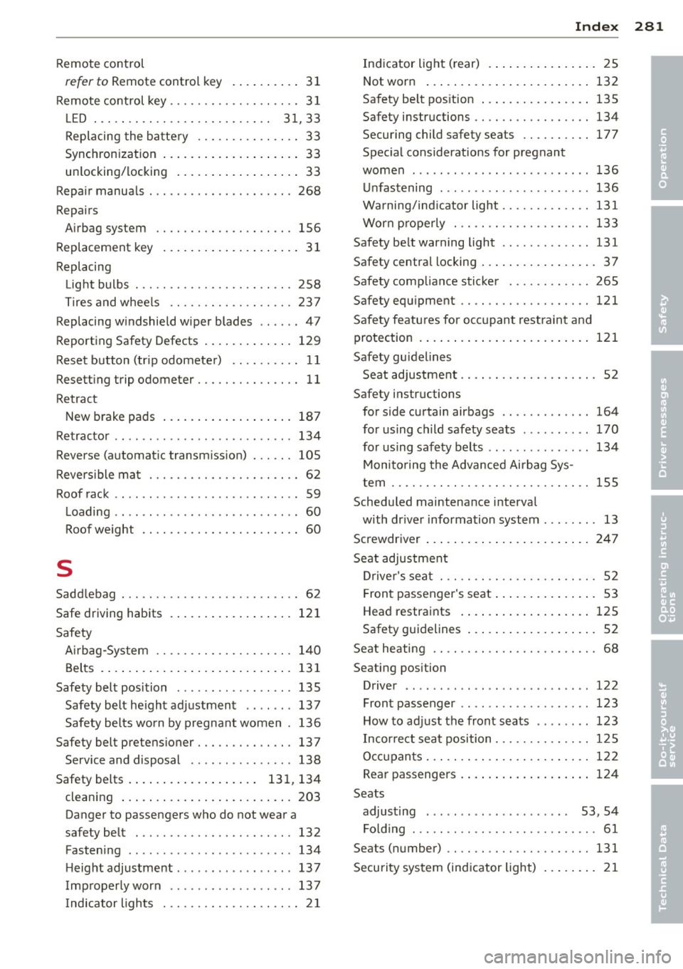 AUDI A3 2015 Owners Manual Index 281
-----------------------------------.......
Remote control
refer to Remote control key . . . . . . . . . . 31
Remote control key . . . . . . . . . . . . . . . . . . . AUDI A3 2015 Owners Manual Index 281
-----------------------------------.......
Remote control
refer to Remote control key . . . . . . . . . . 31
Remote control key . . . . . . . . . . . . . . . . . . .