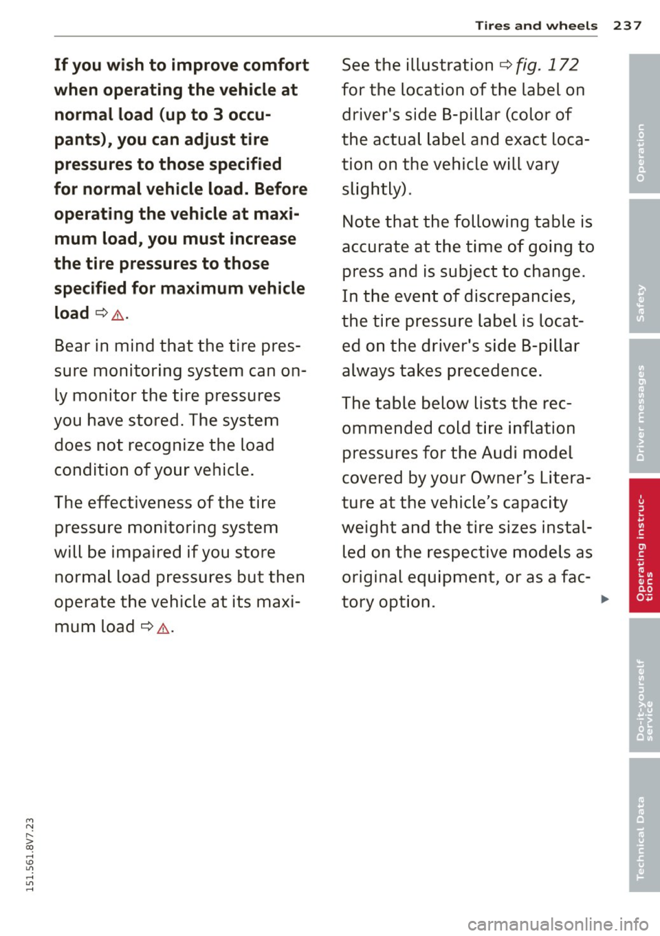 AUDI A3 CABRIOLET 2015 Owners Manual M N
" > co ...... \!) 1.11
...... 1.11 ......
If you wish to improve comfort
when operating the vehicle at
normal load (up to 3 occu
pants), you can adjust tire
pressures to AUDI A3 CABRIOLET 2015 Owners Manual M N
" > co ...... \!) 1.11
...... 1.11 ......
If you wish to improve comfort
when operating the vehicle at
normal load (up to 3 occu
pants), you can adjust tire
pressures to