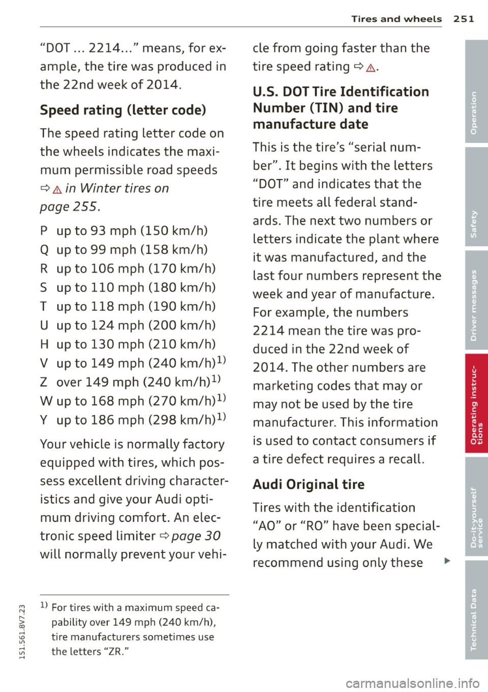 AUDI A3 CABRIOLET 2015  Owners Manual M N 
" > co ...... \!) 1.11 
...... 1.11 ...... 
"DOT ...  2214  ... "  means,  for  ex­
ample,  the  tire  was  produced  in 
the  22nd  week  of  2014. 
Speed  rating  (letter  code) 
The speed  