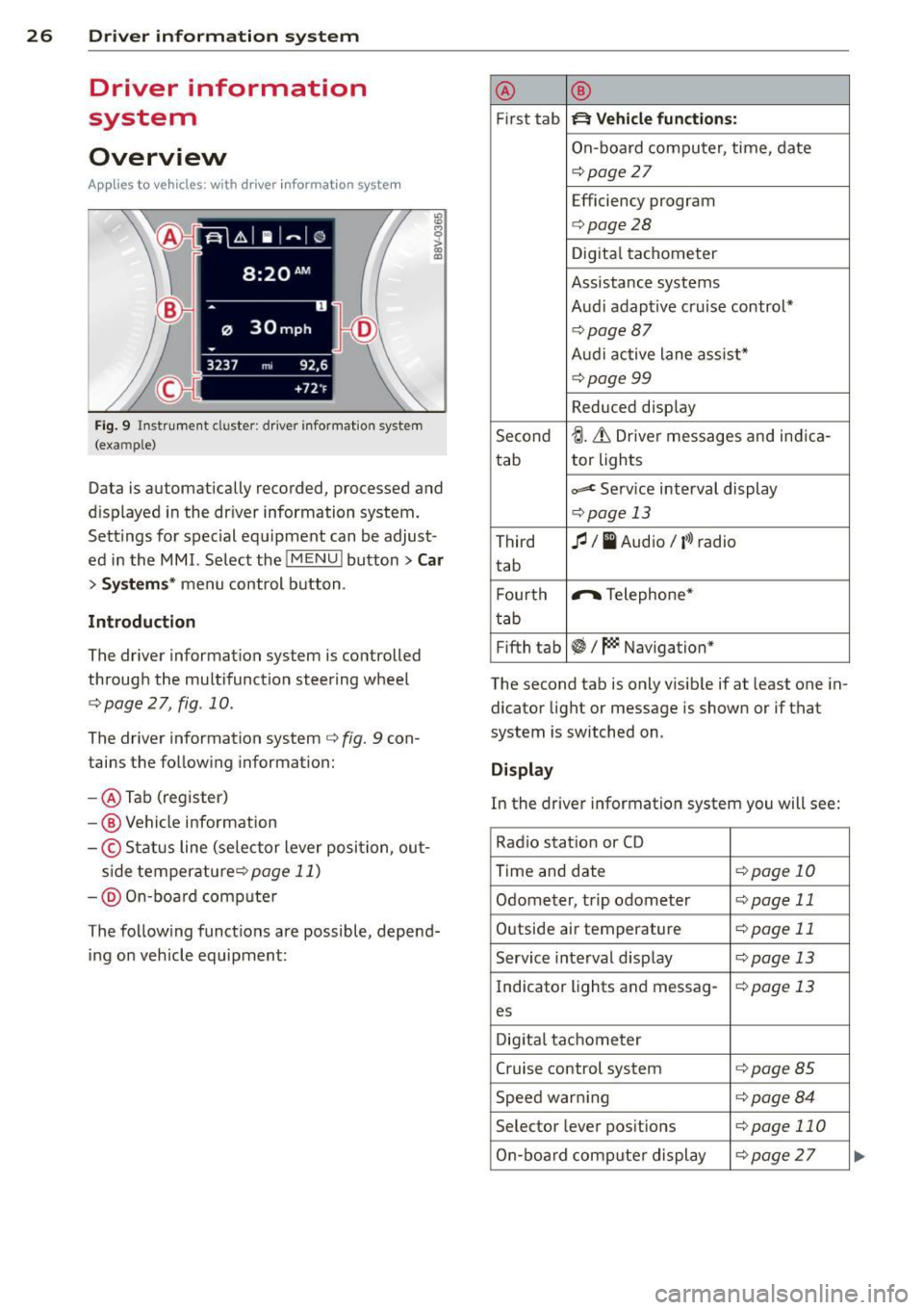 AUDI A3 CABRIOLET 2015 Owners Manual 26 Driver information system
Driver information
system
Overview
Ap plies to vehicles: with d river in format ion syste m
Fig. 9 Instrument cluster: driver informat ion system
(examp AUDI A3 CABRIOLET 2015 Owners Manual 26 Driver information system
Driver information
system
Overview
Ap plies to vehicles: with d river in format ion syste m
Fig. 9 Instrument cluster: driver informat ion system
(examp