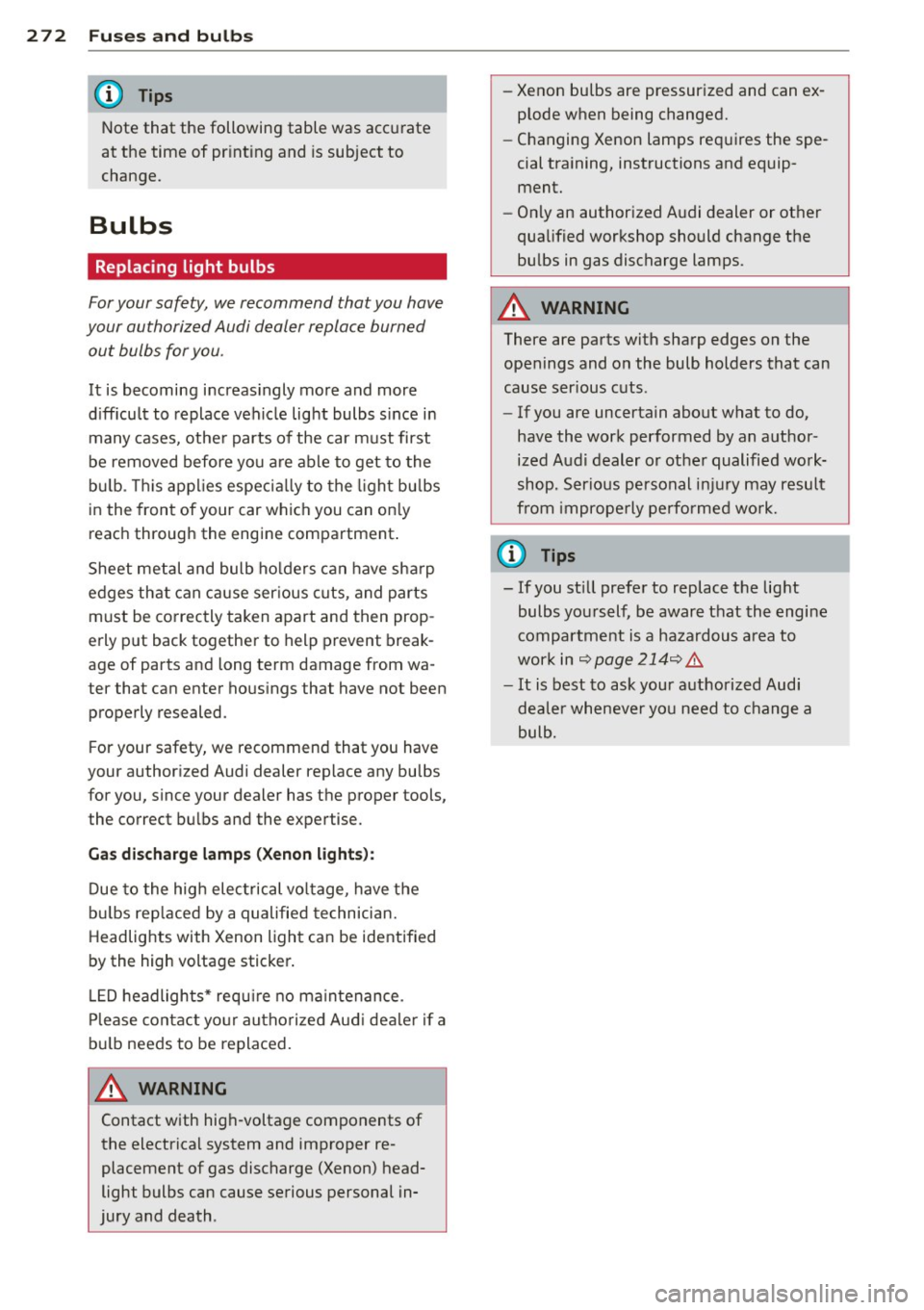 AUDI A3 CABRIOLET 2015 Manual Online 272 Fuses and bulb s
Note that the following table was accurate
at the time of print ing and is subject to
change.
Bulbs
Replacing light bulbs
For your safety, we recommend t AUDI A3 CABRIOLET 2015 Manual Online 272 Fuses and bulb s
Note that the following table was accurate
at the time of print ing and is subject to
change.
Bulbs
Replacing light bulbs
For your safety, we recommend t