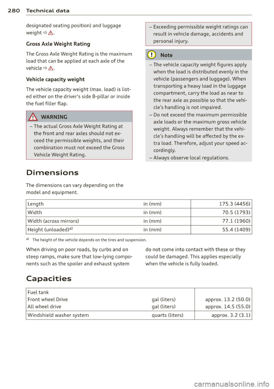 AUDI A3 CABRIOLET 2015 Owners Manual 28 0 Techni cal data
designated s eating position) and luggage
w eight ¢.&, .
Gross Axle W eight Rating
The Gross Axle Weight Rating is the maximum l oad that can be applied at AUDI A3 CABRIOLET 2015 Owners Manual 28 0 Techni cal data
designated s eating position) and luggage
w eight ¢.&, .
Gross Axle W eight Rating
The Gross Axle Weight Rating is the maximum l oad that can be applied at