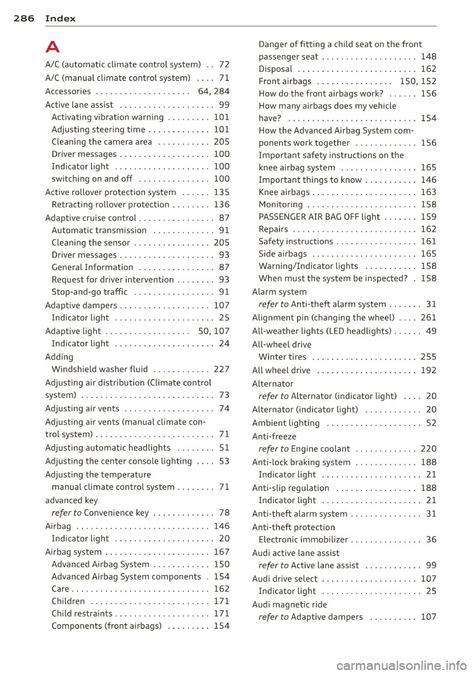 AUDI A3 CABRIOLET 2015 Owners Manual 28 6 Index
A
A/C (a utomatic cl imate control system) .. 72
A/C (manual cl imate control system) .. . . 71
Accessories . . . . . . . . . . . . . . . . . . . . 64, 284
Active AUDI A3 CABRIOLET 2015 Owners Manual 28 6 Index
A
A/C (a utomatic cl imate control system) .. 72
A/C (manual cl imate control system) .. . . 71
Accessories . . . . . . . . . . . . . . . . . . . . 64, 284
Active