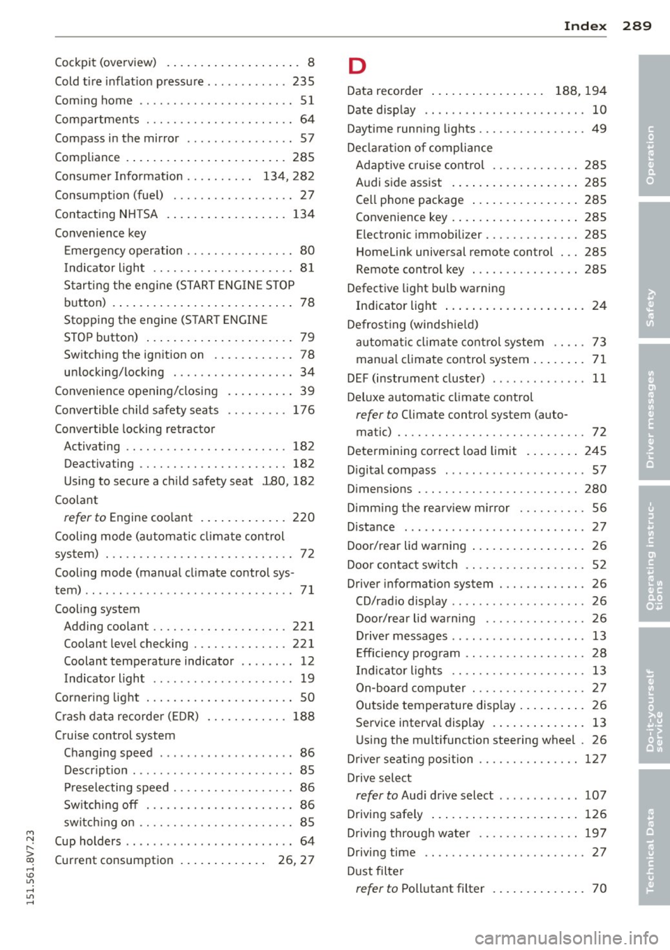AUDI A3 CABRIOLET 2015 Owners Guide M N ,....
> co ,...., \!) 1.11 ,...., 1.11 ,....,
Cockpit (overview) . . . . . . . . . . . . . . . . . . . . 8
Cold tire inflation pressure ............ 235
Coming home ...... ... AUDI A3 CABRIOLET 2015 Owners Guide M N ,....
> co ,...., \!) 1.11 ,...., 1.11 ,....,
Cockpit (overview) . . . . . . . . . . . . . . . . . . . . 8
Cold tire inflation pressure ............ 235
Coming home ...... ...