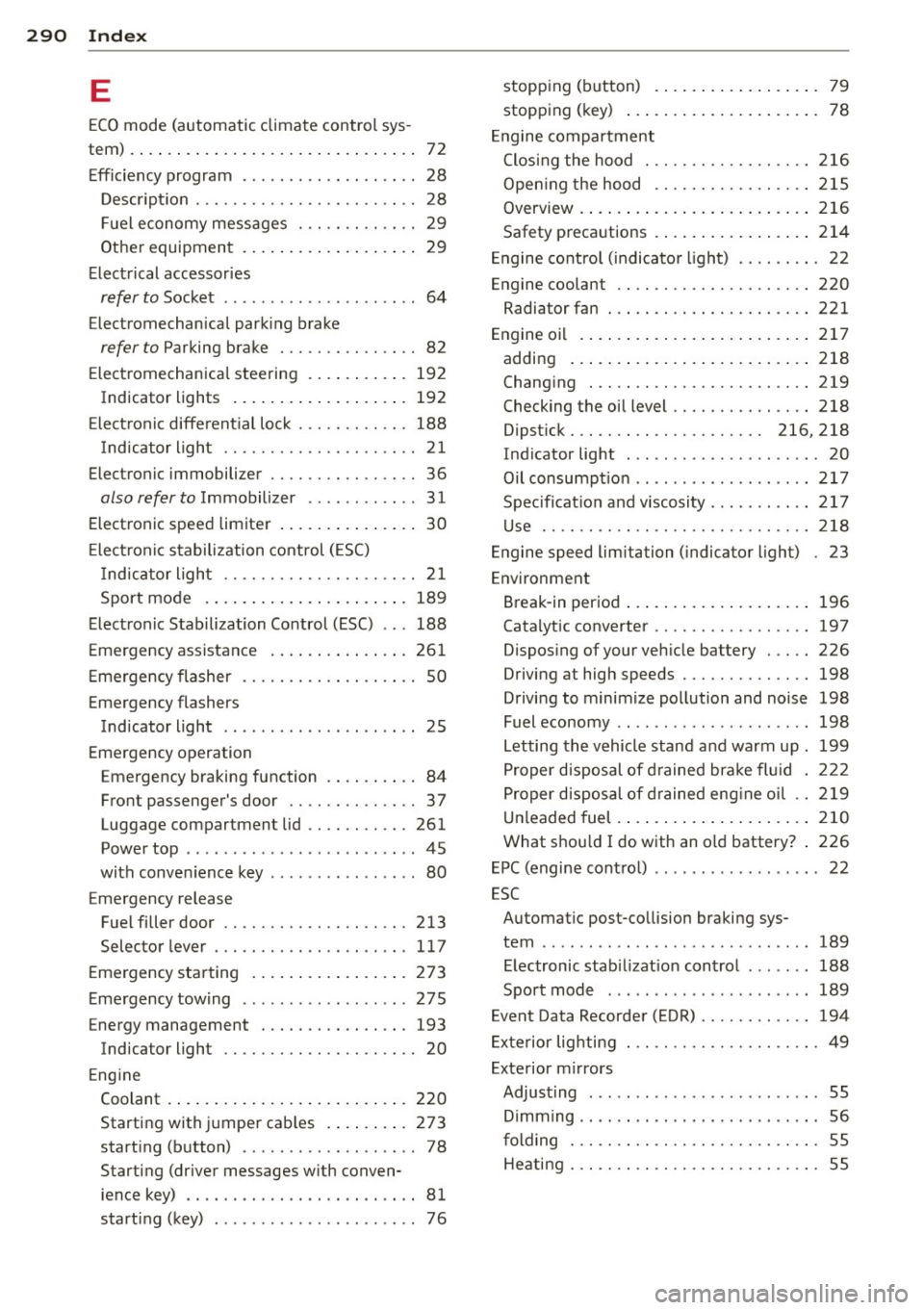 AUDI A3 CABRIOLET 2015 Owners Guide 290 Index
E
ECO mode (automatic climate control sys -
tem) . ..... .. ................ ..... ..
72
Efficiency program . . . . . . . . . . . . . . . . . . . 28
Description ......... AUDI A3 CABRIOLET 2015 Owners Guide 290 Index
E
ECO mode (automatic climate control sys -
tem) . ..... .. ................ ..... ..
72
Efficiency program . . . . . . . . . . . . . . . . . . . 28
Description .........