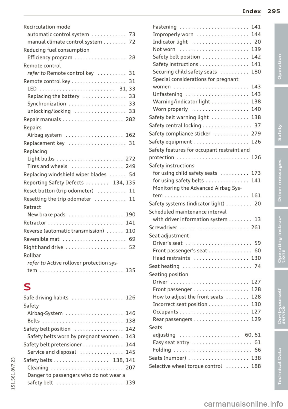 AUDI A3 CABRIOLET 2015 Owners Manual M N ,....
> co ,...., \!) 1.11 ,...., 1.11 ,....,
_______________________________ I~ n~ d:::: e~x 295
Recirculation mode
automatic control system . . . . . . . . . . . . 73
manual c AUDI A3 CABRIOLET 2015 Owners Manual M N ,....
> co ,...., \!) 1.11 ,...., 1.11 ,....,
_______________________________ I~ n~ d:::: e~x 295
Recirculation mode
automatic control system . . . . . . . . . . . . 73
manual c