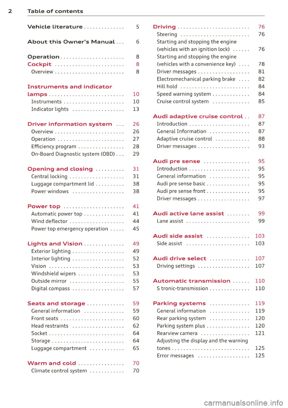 AUDI A3 CABRIOLET 2015  Owners Manual 2  Table  of  contents Vehicle  literature  .. .. .. .. .. ... . 
About  this  Owners  Manual  ... 
Operation  .............. .... ...  . 
Cockpit  ... ............. .... .. . . 
Ove rv iew  ... ... 