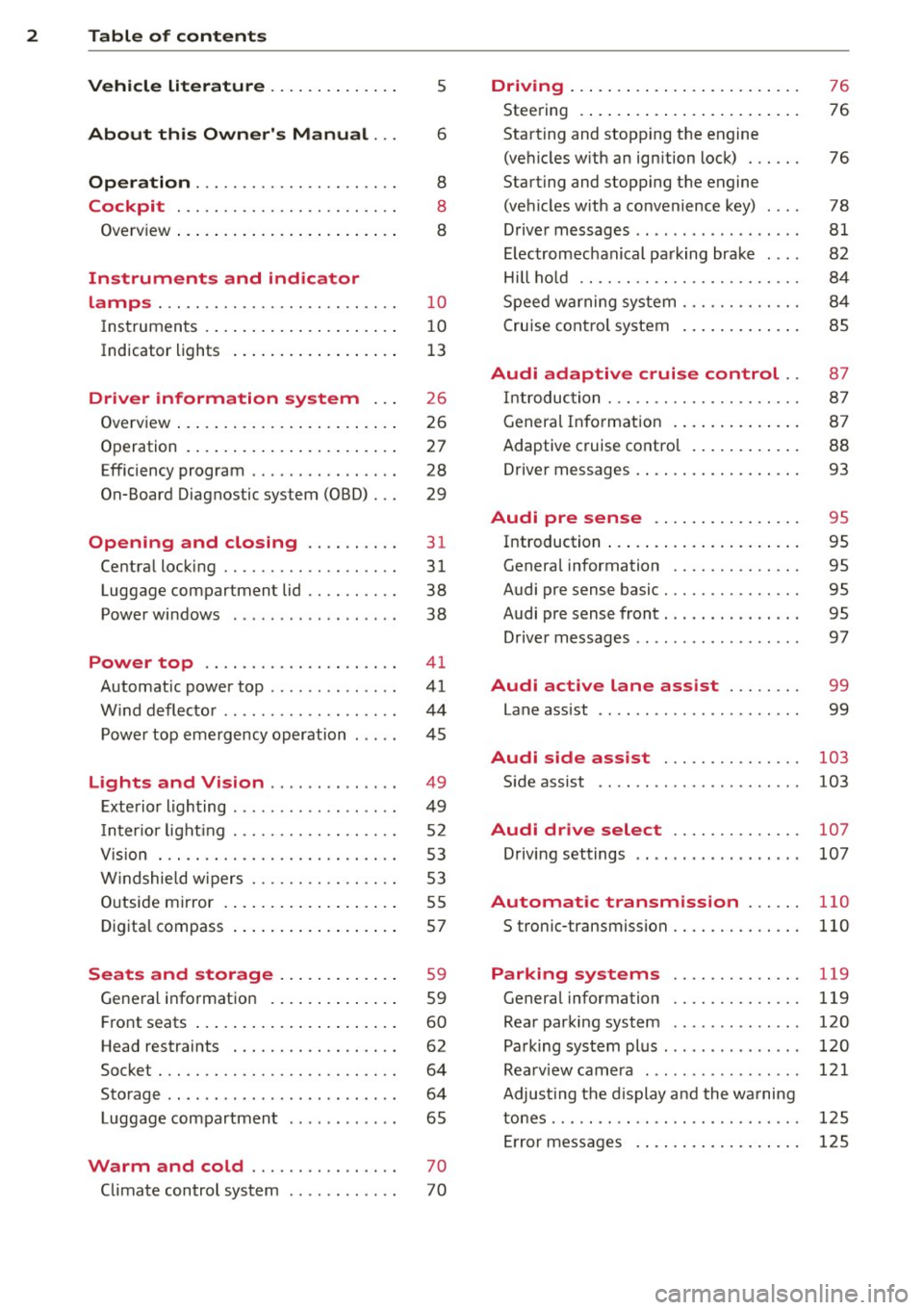 AUDI A3 CABRIOLET 2015 Owners Manual 2 Table of contents Vehicle literature .. .. .. .. .. ... .
About this Owners Manual ...
Operation .............. .... ... .
Cockpit ... ............. .... .. . .
Ove rv iew ... ... AUDI A3 CABRIOLET 2015 Owners Manual 2 Table of contents Vehicle literature .. .. .. .. .. ... .
About this Owners Manual ...
Operation .............. .... ... .
Cockpit ... ............. .... .. . .
Ove rv iew ... ...