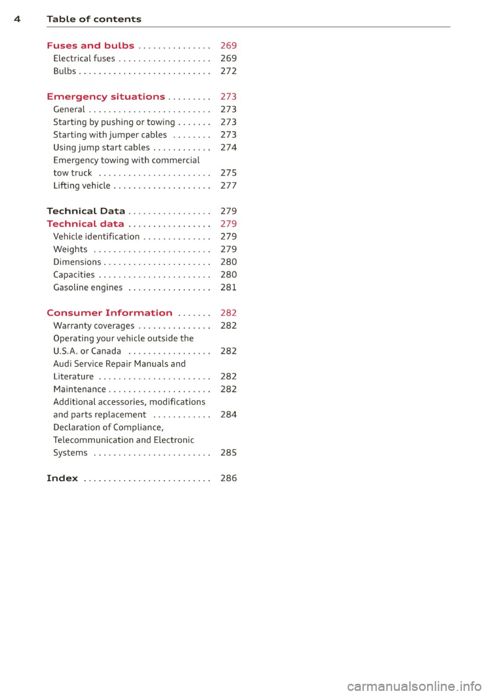 AUDI A3 CABRIOLET 2015 Owners Manual 4 Table of contents
Fuses and bulbs . . . . . . . . . . . . . . .
269
Elect rical fuses . . . . . . . . . . . . . . . . . . . 269
Bulbs . . . . . . . . . . . . . . . . . . . AUDI A3 CABRIOLET 2015 Owners Manual 4 Table of contents
Fuses and bulbs . . . . . . . . . . . . . . .
269
Elect rical fuses . . . . . . . . . . . . . . . . . . . 269
Bulbs . . . . . . . . . . . . . . . . . . .
