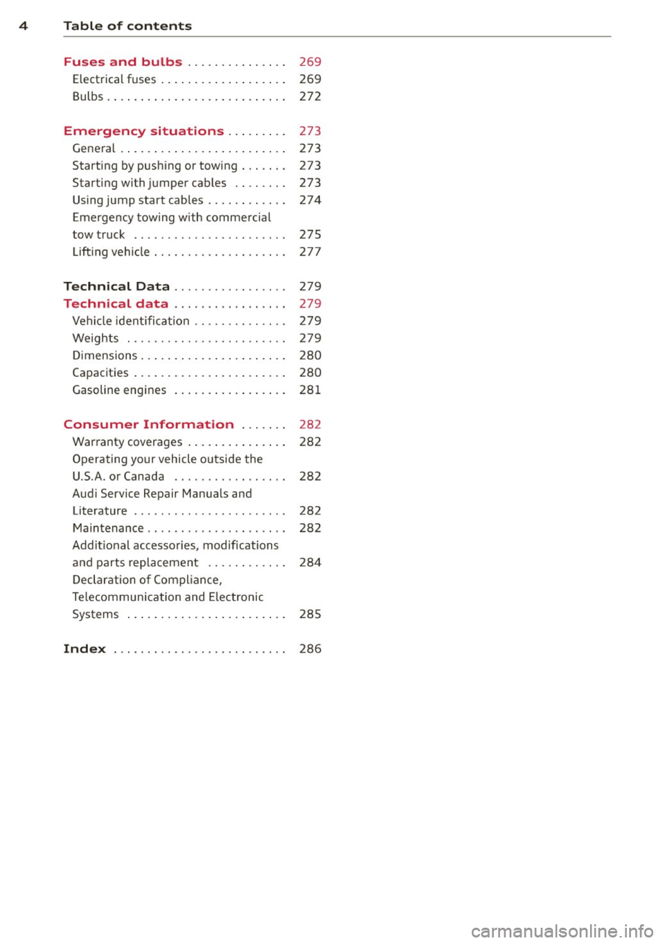 AUDI A3 CABRIOLET 2015  Owners Manual 4  Table  of  contents 
Fuses  and  bulbs  . . . . . . .  . .  . .  . . . . 
269 
Elect rical fuses  .  . . . . . . .  . . .  . .  . .  . . . .  269 
Bulbs . .  . .  . .  . . .  . . .  . . . .  . . . 