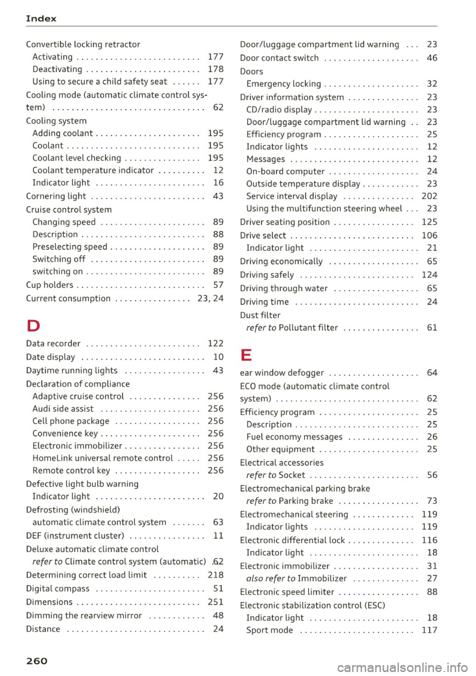AUDI A3 CABRIOLET 2016 Service Manual Index
Convertible locking retractor
Activating . . . . . . . . . . . . . . . . . . . . . . . . . . 177
Deactivating . . . . . . . . . . . . . . . . . . . . . . . . 178
AUDI A3 CABRIOLET 2016 Service Manual Index
Convertible locking retractor
Activating . . . . . . . . . . . . . . . . . . . . . . . . . . 177
Deactivating . . . . . . . . . . . . . . . . . . . . . . . . 178