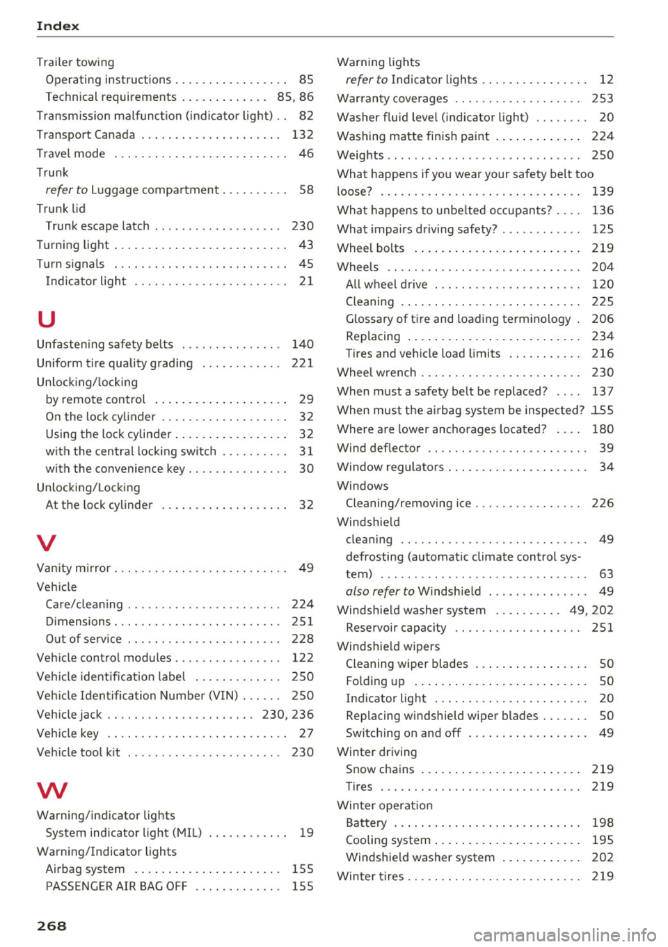 AUDI A3 CABRIOLET 2016 Owners Manual Index
Trailer towing Op erating instructions . . . . . . . . . . . . . . . . . 85
Technical requirements . . . . . . . . . . . . . 85, 86
Transmission malfunction (indicator lig AUDI A3 CABRIOLET 2016 Owners Manual Index
Trailer towing Op erating instructions . . . . . . . . . . . . . . . . . 85
Technical requirements . . . . . . . . . . . . . 85, 86
Transmission malfunction (indicator lig