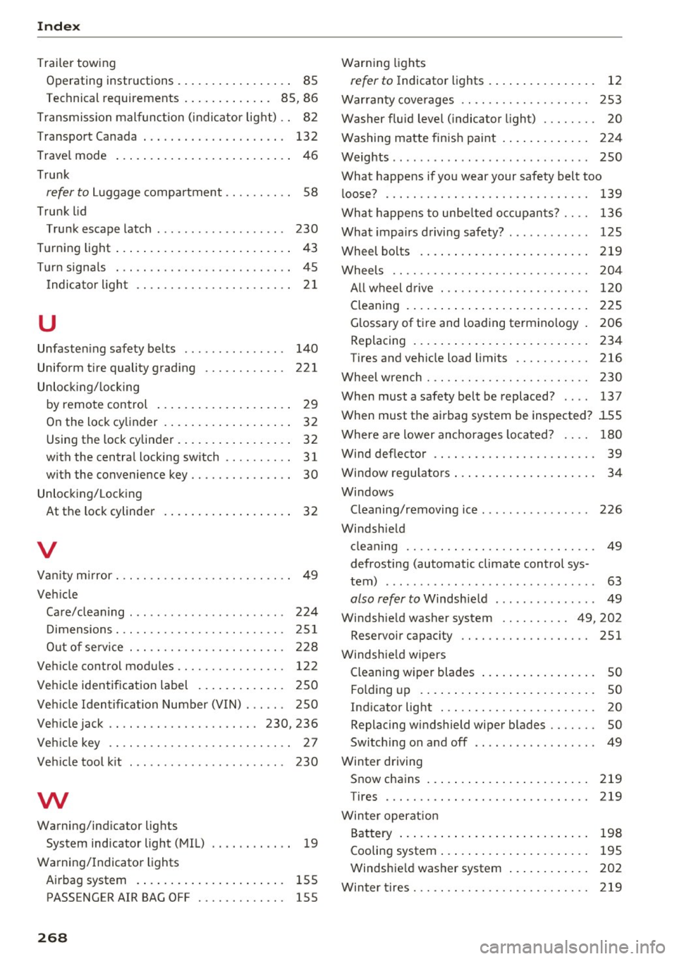 AUDI A3 CABRIOLET 2016  Owners Manual Index 
Trailer  towing Op erating  instructions  .  . . . . .  . . .  . .  . .  . . . .  85 
Technical  requirements  . . . . .  . . .  . .  . .  .  85,  86 
Transmission  malfunction  (indicator  lig