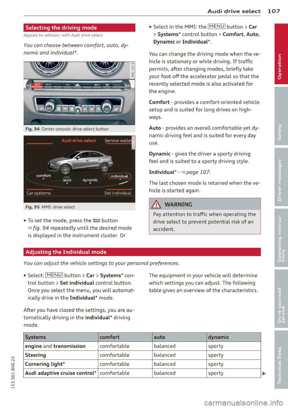 AUDI S3 2015 Owners Manual ....,
N
0 > co
rl I.O
" ....,
" rl
Selecting the driving mode
Applies to vehicles: with Audi drive select
You can choose between comfort, auto, dy
namic and individual* .
Fig. AUDI S3 2015 Owners Manual ....,
N
0 > co
rl I.O
" ....,
" rl
Selecting the driving mode
Applies to vehicles: with Audi drive select
You can choose between comfort, auto, dy
namic and individual* .
Fig.