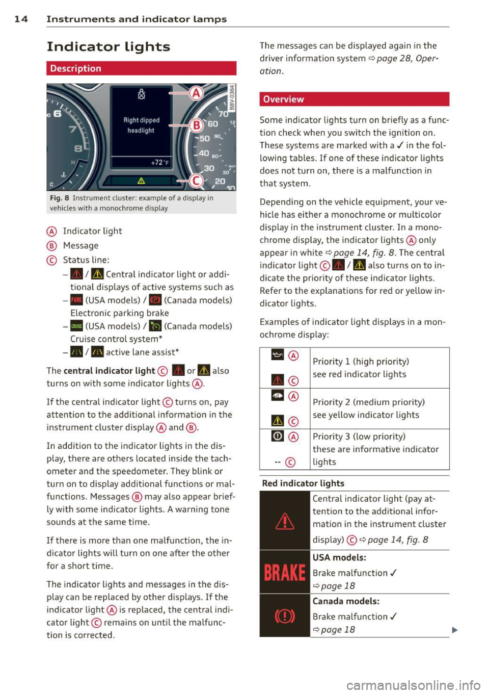 AUDI S3 2015 Owners Manual 14 Instruments and indicator lamps
Indicator lights
Description
Fig. 8 Instrument cl uster: example of a display in
vehicles wit h a mo nochrome display
@ Indicator light
@ Message AUDI S3 2015 Owners Manual 14 Instruments and indicator lamps
Indicator lights
Description
Fig. 8 Instrument cl uster: example of a display in
vehicles wit h a mo nochrome display
@ Indicator light
@ Message