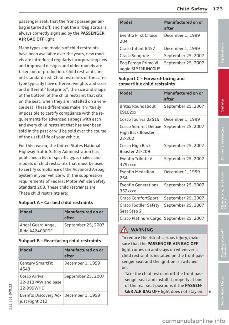 AUDI S3 2015 Owners Manual M N
0 > co ,...., \!) ..,.,
M ..,., ,....,
passenger seat, that the front passenger air
bag is turned off, and that the airbag status is
always correctly signaled by the
PASSENGER
A AUDI S3 2015 Owners Manual M N
0 > co ,...., \!) ..,.,
M ..,., ,....,
passenger seat, that the front passenger air
bag is turned off, and that the airbag status is
always correctly signaled by the
PASSENGER
A