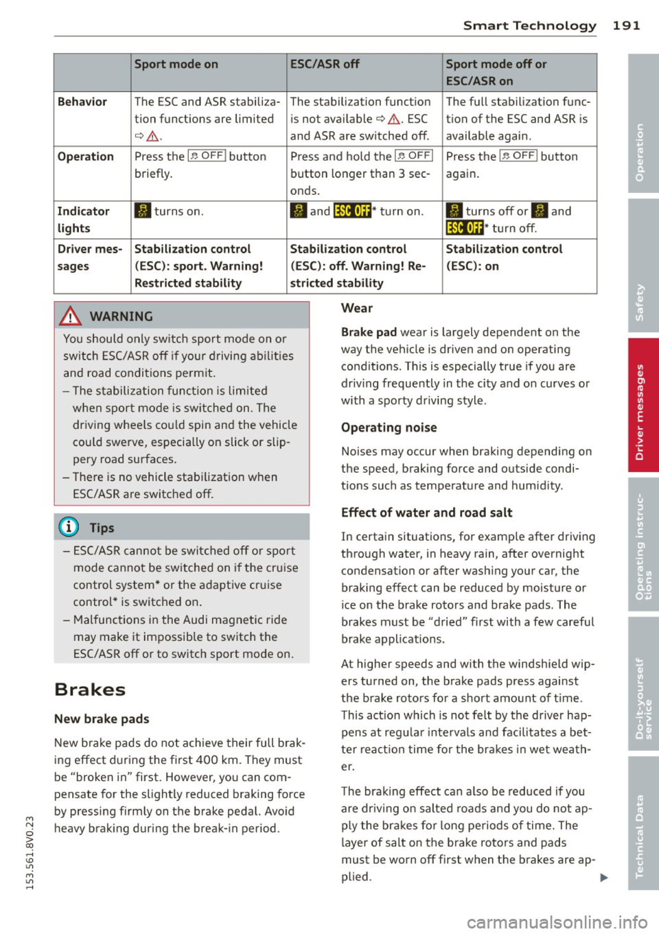 AUDI S3 2015 Owners Manual M N
0 > co ,...., \!) ..,.,
M ..,., ,....,
Smart Technology 191
Sport mode on ESC/ASR off Sport mode off or
ESC /ASR on
Behavior
The ESC and ASR stabili za- The sta lbili zation funct io AUDI S3 2015 Owners Manual M N
0 > co ,...., \!) ..,.,
M ..,., ,....,
Smart Technology 191
Sport mode on ESC/ASR off Sport mode off or
ESC /ASR on
Behavior
The ESC and ASR stabili za- The sta lbili zation funct io