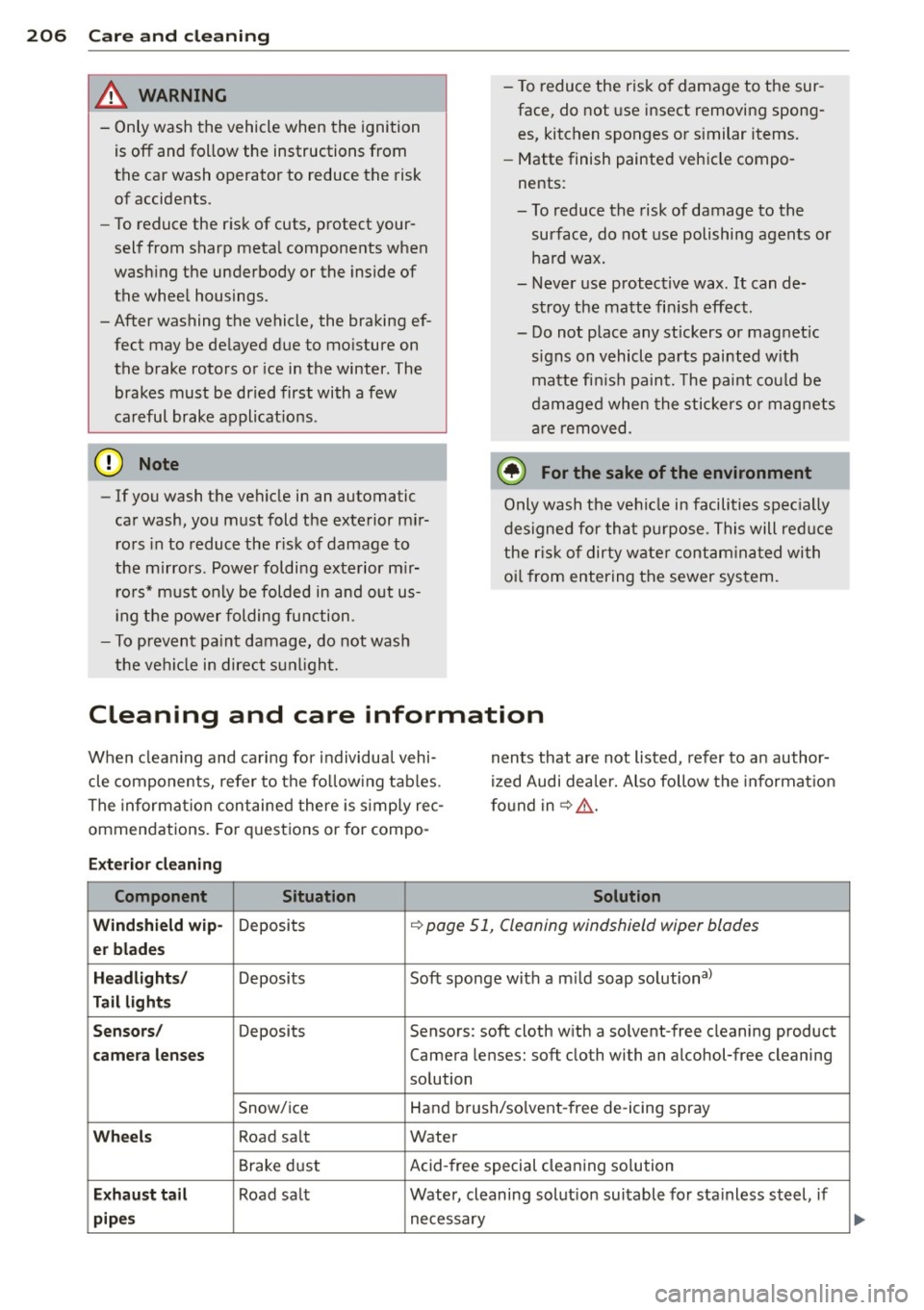 AUDI S3 2015 Owners Manual 206 Care and cleaning
_& WARNING
- Only wash the vehicle when the ignition
is off and follow the instructions from
the car wash operator to reduce the risk
of accidents.
- To AUDI S3 2015 Owners Manual 206 Care and cleaning
_& WARNING
- Only wash the vehicle when the ignition
is off and follow the instructions from
the car wash operator to reduce the risk
of accidents.
- To