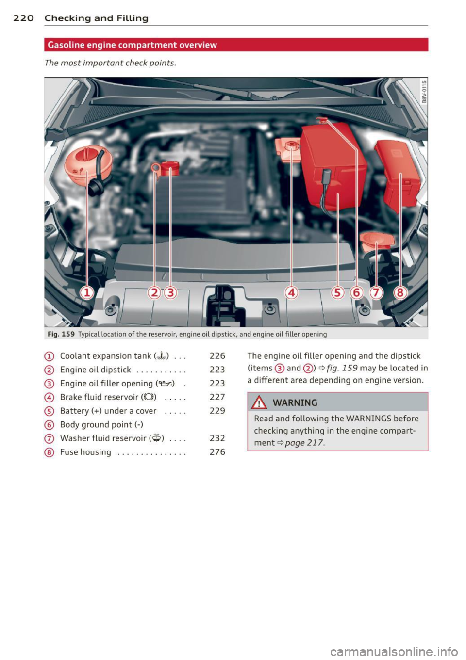 AUDI S3 2015 Owners Manual 220 Checking and Filling
Gasoline engine compartment overview
The most important check points.
Fig. 159 Typical locat ion of th e reservo ir, engine oi l d ipstick, and engine oil fille AUDI S3 2015 Owners Manual 220 Checking and Filling
Gasoline engine compartment overview
The most important check points.
Fig. 159 Typical locat ion of th e reservo ir, engine oi l d ipstick, and engine oil fille