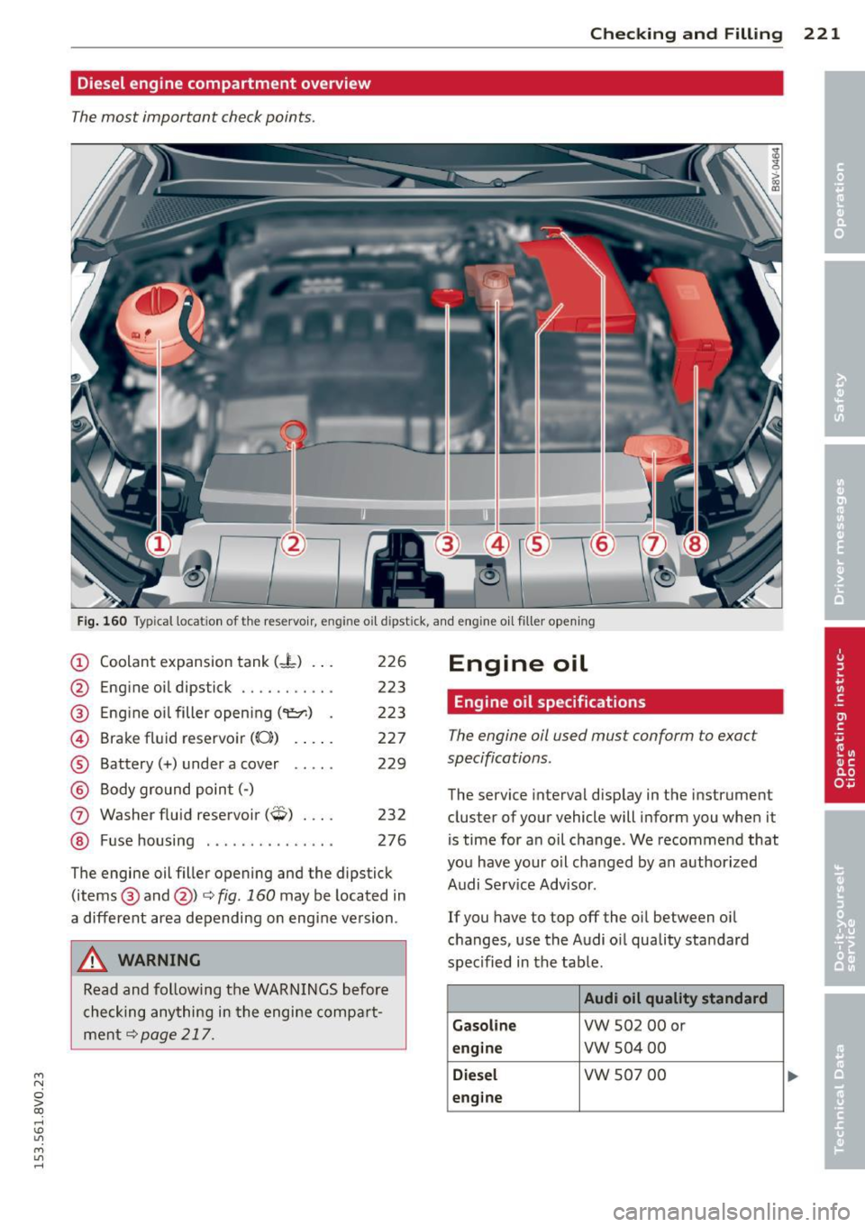 AUDI S3 2015 Owners Manual ....,
N
0 > co
rl I.O
" ....,
" rl
Checking and Fillin g 221
Diesel engine compartment overview
The most important check points .
Fig. 160 Typical locat ion of th e reservo ir, e AUDI S3 2015 Owners Manual ....,
N
0 > co
rl I.O
" ....,
" rl
Checking and Fillin g 221
Diesel engine compartment overview
The most important check points .
Fig. 160 Typical locat ion of th e reservo ir, e
