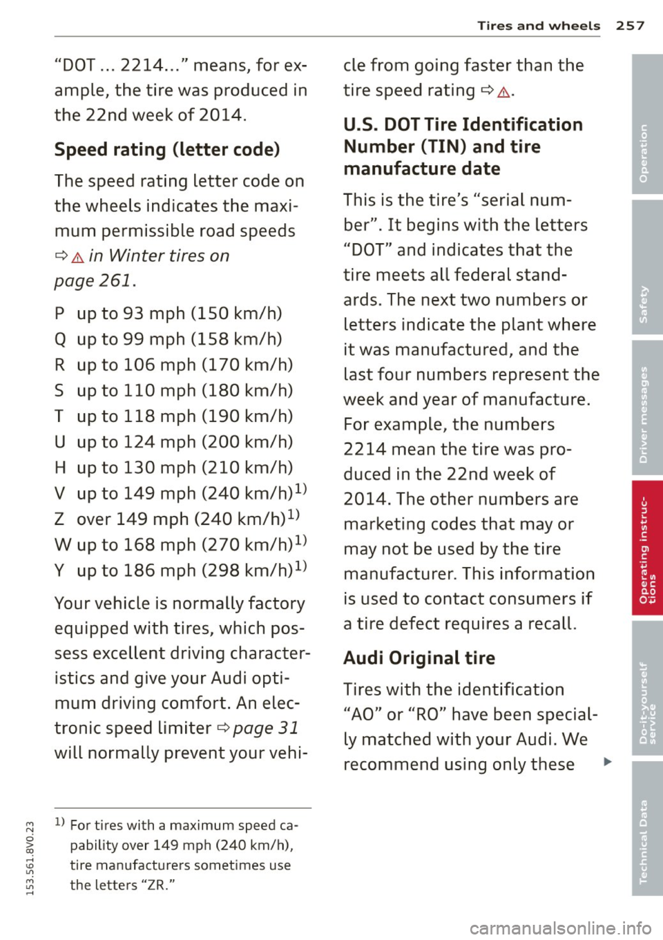 AUDI S3 2015  Owners Manual M N 
0 > co ...... \!) 1.11 
M 1.11 ...... 
"DOT ...  2214  ... "  means,  for  ex­
ample,  the  tire  was  produced  in 
the  22nd  week  of  2014. 
Speed  rating  (letter  code) 
The speed  ratin