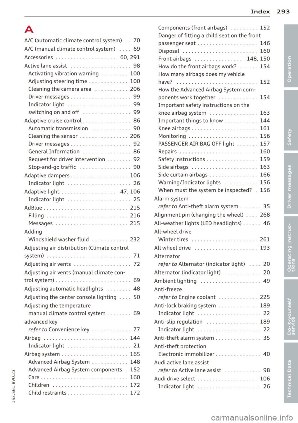 AUDI S3 2015  Owners Manual M N 
0 > co ,...., \!) 1.11 
M 1.11 ,...., 
A 
A/C (automatic  climate  control  system)  .. 70 
A/C (manual  cl imate  control  system)  .. ..  69 
Accessories  . .  . . . . . . . . . . . . .  . . 