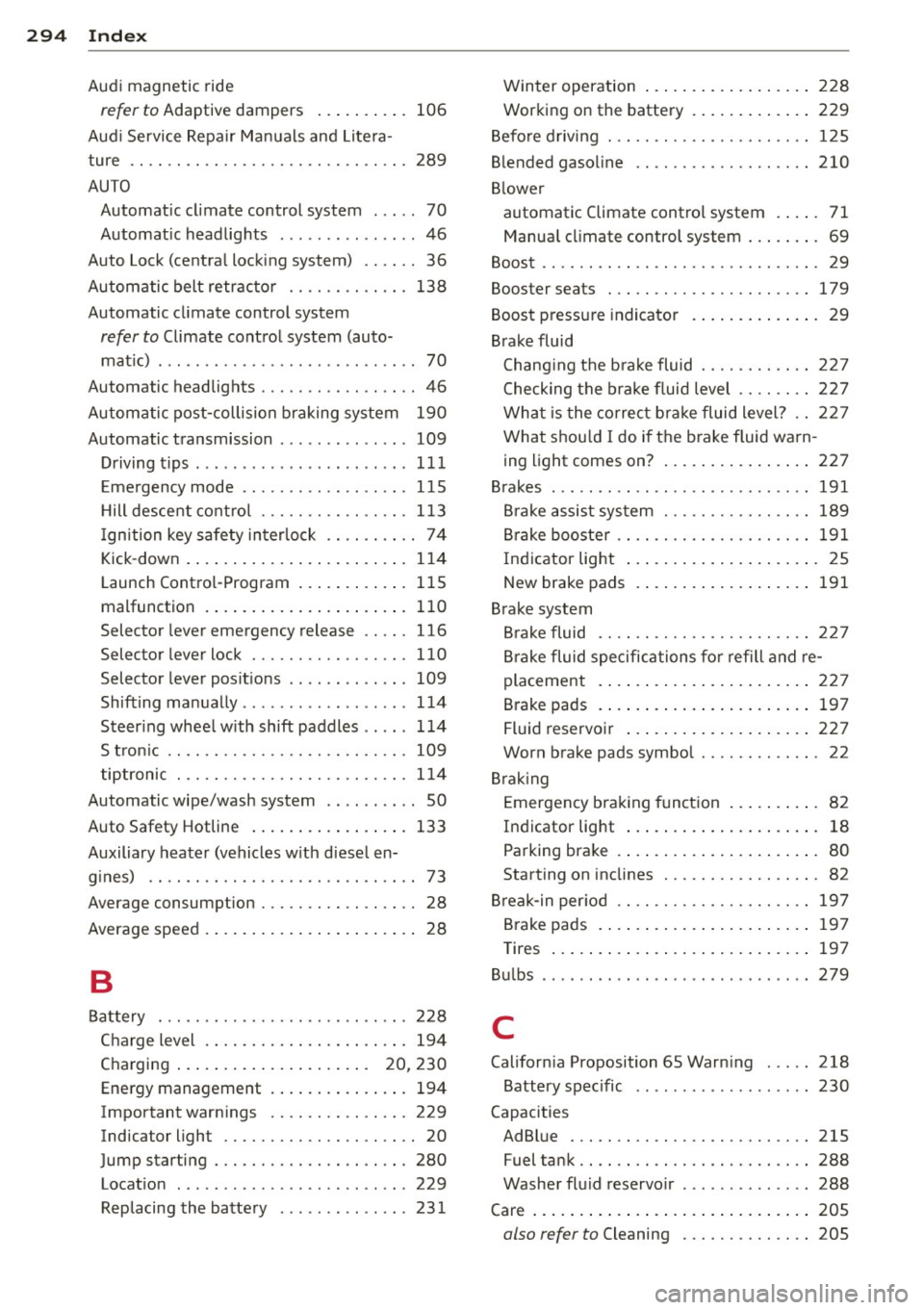 AUDI S3 2015 Owners Manual 29 4 Index
Audi magnetic ride
refer to Adaptive dampers 106
Aud i Service Repa ir Ma nuals and Litera -
ture .. .. .... ............. .. .. .. .. . 289
AUTO Automatic climate control s AUDI S3 2015 Owners Manual 29 4 Index
Audi magnetic ride
refer to Adaptive dampers 106
Aud i Service Repa ir Ma nuals and Litera -
ture .. .. .... ............. .. .. .. .. . 289
AUTO Automatic climate control s