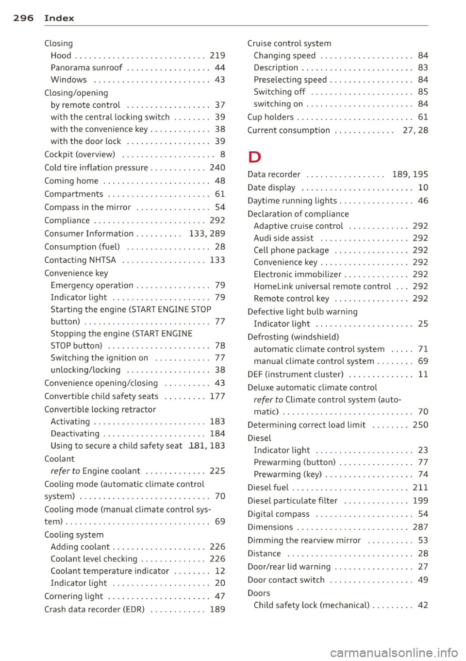 AUDI S3 2015 Service Manual 296 ~l :..:.: nd ~e ~x :._ ______________________________ _
Closing
Hood . ..... ... . ...... ... .. .. .... . 219
Panorama s unroof ..... ... .. .. .... .. 44
W indows ............... .... AUDI S3 2015 Service Manual 296 ~l :..:.: nd ~e ~x :._ ______________________________ _
Closing
Hood . ..... ... . ...... ... .. .. .... . 219
Panorama s unroof ..... ... .. .. .... .. 44
W indows ............... ....