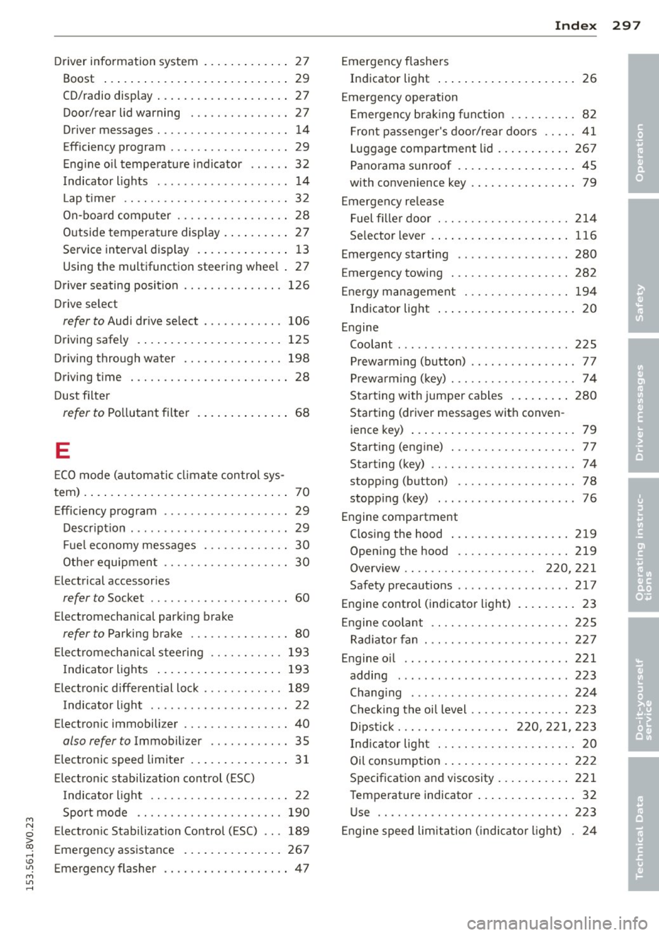 AUDI S3 2015  Owners Manual M N 
0 > co ,...., \!) 1.11 
M 1.11 ,...., 
Driver  information  system  ... .. .. .. .. ..  27 
Boost  ..... .. .. .. .. .... ... .. .. ....  29 
CD/radio  display  ....... ... .. .. .. .. ..  27 
