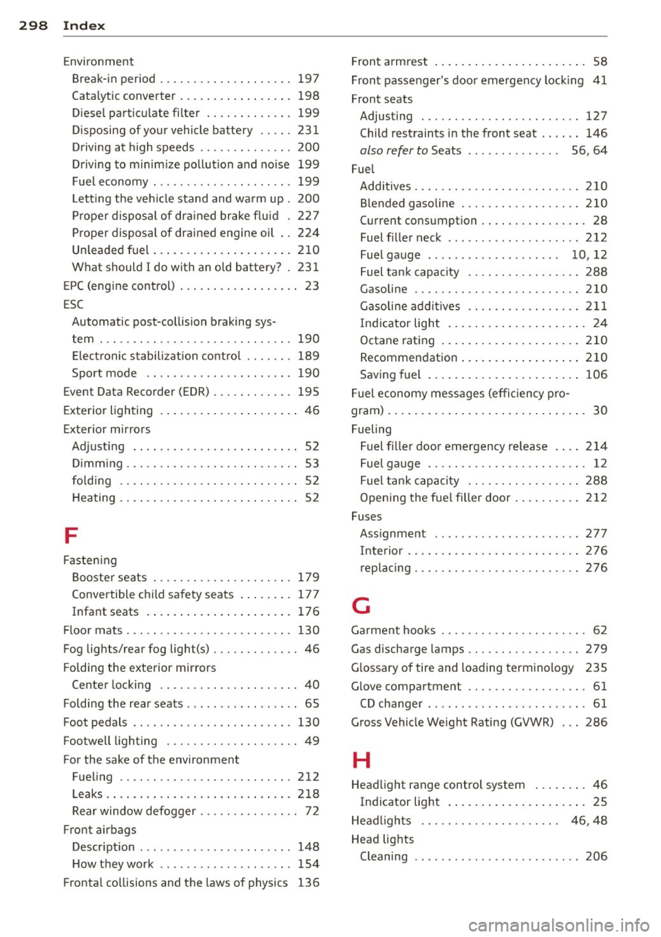 AUDI S3 2015 Owners Manual 298 Index
Environment
Break-in period . ....... ... .. .. .... . 197
Cata lytic converter ....... ... .. .... . 198
Diese l partic ulate filter ............. 199
Disposing of your vehi AUDI S3 2015 Owners Manual 298 Index
Environment
Break-in period . ....... ... .. .. .... . 197
Cata lytic converter ....... ... .. .... . 198
Diese l partic ulate filter ............. 199
Disposing of your vehi