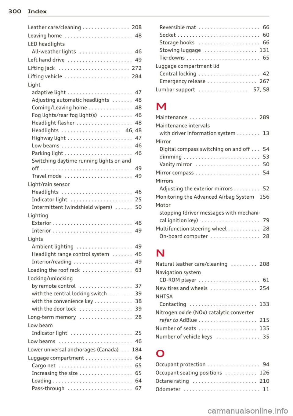 AUDI S3 2015  Owners Manual 300  Index 
Leather  care/cleanin g .... ... .. .. .... . 20 8 
Le aving  home  .............. ... .. ... .  48 
LED headlights  All-weathe r lights  ................ ..  46 
L eft  h and drive  .. . 