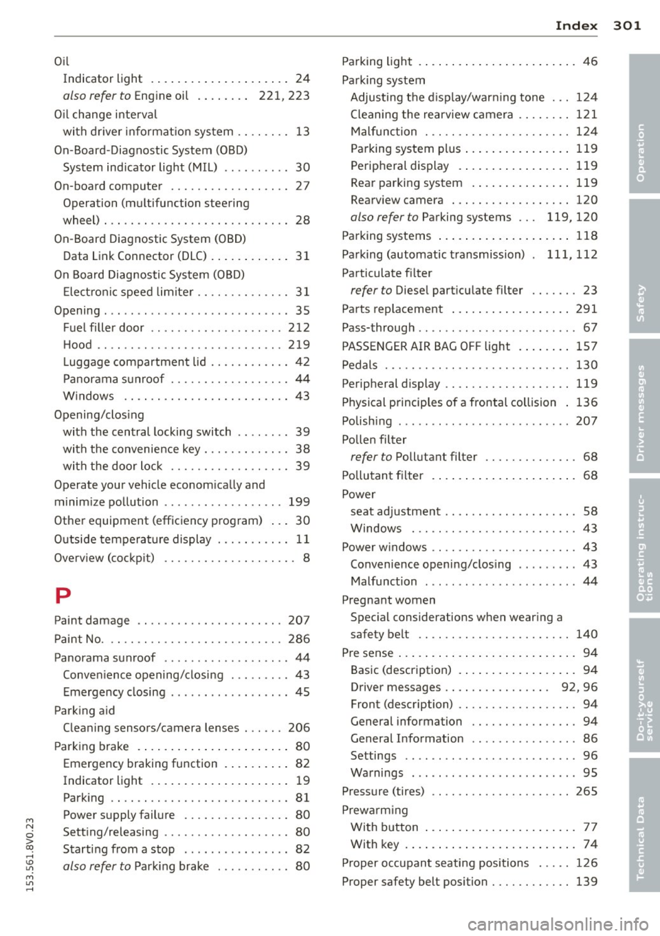 AUDI S3 2015  Owners Manual M N 
0 > co ,...., \!) 1.11 
M 1.11 ,...., 
Index 301 
-----------------------------------....... 
Oil 
Indicator  light  . . .  . . . . .  . . .  . .  . .  . .  . .  . .  24 
also r efe r to Eng in