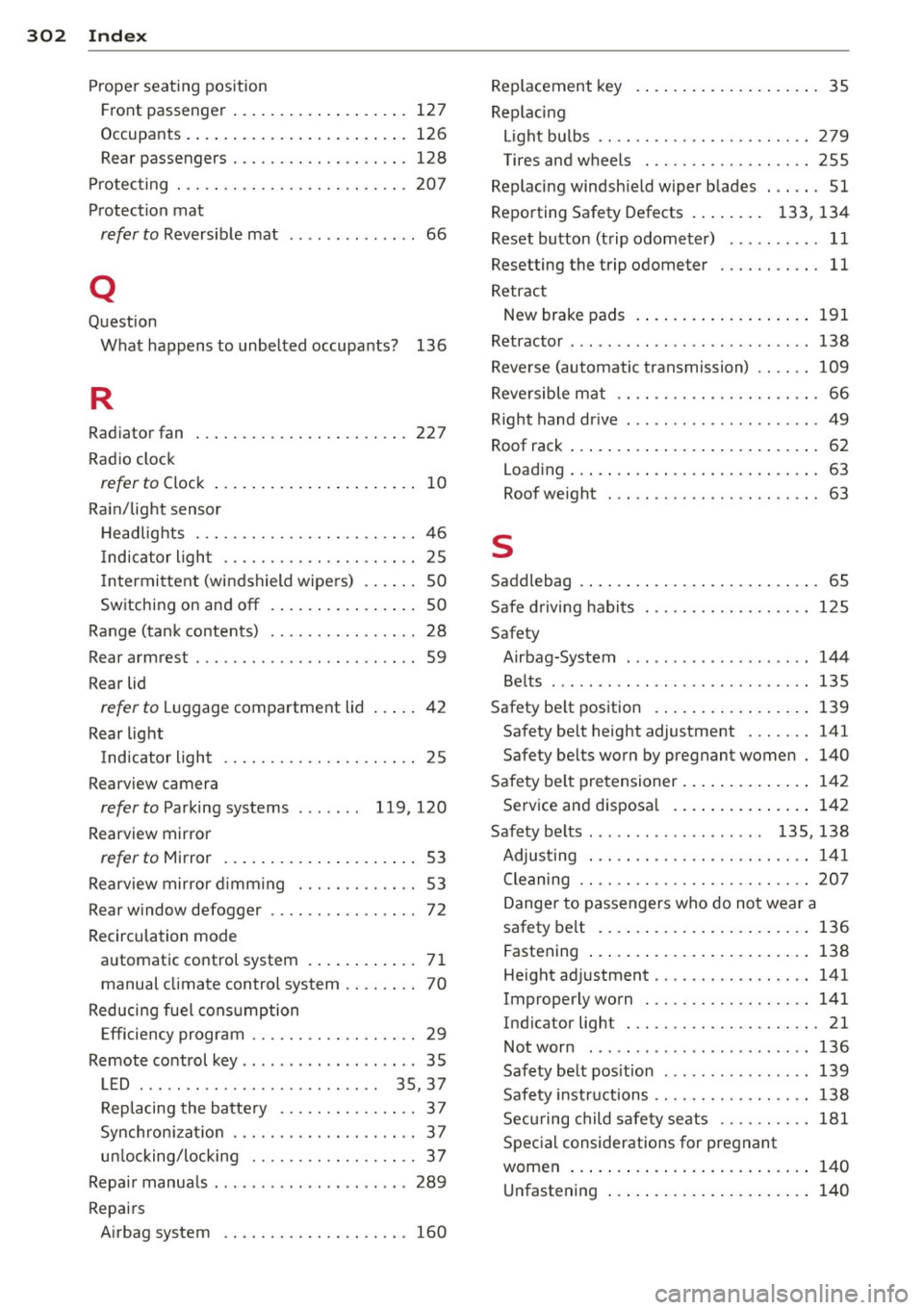 AUDI S3 2015 Owners Manual 302 Index
Proper seating position Front passenger ....... ... .. .. .... . 127
Occupants . .... ... ...... ... .. .... . 126
Rea r passengers . . . . . . . . . . . . . . . . . . . 128 AUDI S3 2015 Owners Manual 302 Index
Proper seating position Front passenger ....... ... .. .. .... . 127
Occupants . .... ... ...... ... .. .... . 126
Rea r passengers . . . . . . . . . . . . . . . . . . . 128