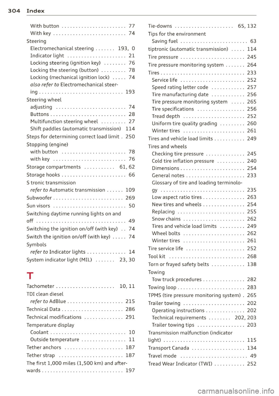 AUDI S3 2015 Owners Manual 304 Index
------------------------------------
With button . . . . . . . . . . . . . . . . . . . . . . . 77
With key ... ... .......... .. .. .... .. 74
Steering
Elect rom echan ical st AUDI S3 2015 Owners Manual 304 Index
------------------------------------
With button . . . . . . . . . . . . . . . . . . . . . . . 77
With key ... ... .......... .. .. .... .. 74
Steering
Elect rom echan ical st