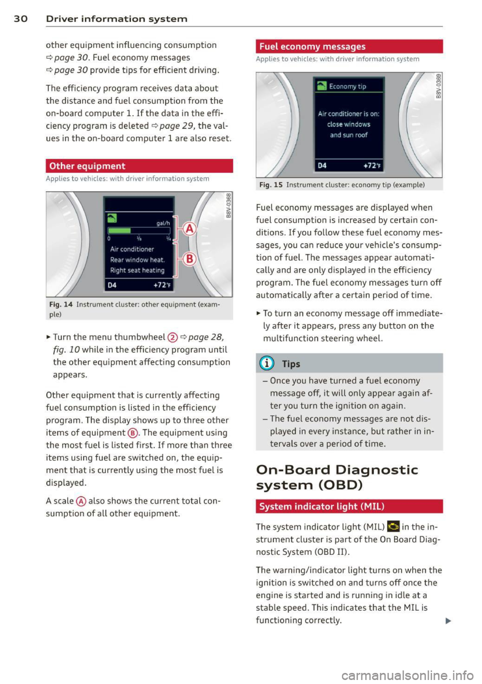 AUDI S3 2015  Owners Manual 30  Driver  in formation  sy ste m 
other  equipment  inf luencing  consumpt ion 
c::> page 30 . Fuel  economy  messages 
c::> page 30 provide  tips  for  efficient  driving . 
The  effic iency  progr