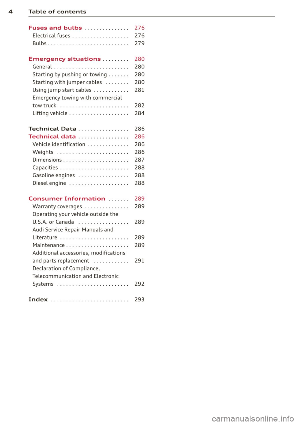 AUDI S3 2015 Owners Manual 4 Table of contents
Fuses and bulbs . . . . . . . . . . . . . . .
27 6
Elect rical fuses . . . . . . . . . . . . . . . . . . . 276
Bulbs . . . . . . . . . . . . . . . . . . . AUDI S3 2015 Owners Manual 4 Table of contents
Fuses and bulbs . . . . . . . . . . . . . . .
27 6
Elect rical fuses . . . . . . . . . . . . . . . . . . . 276
Bulbs . . . . . . . . . . . . . . . . . . .