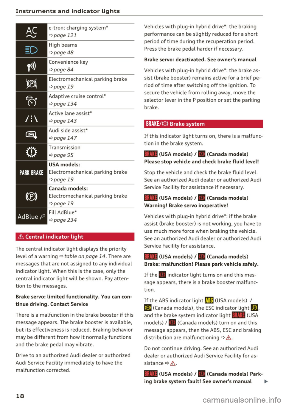 AUDI S3 2016 User Guide Instruments and indicator lights
D
y>})
/:
Ad Blue l~
e-tron: charg ing system*
c::;, page 121
High beams
c::;, page 48
Conve nience key
c::;, pag e 84
El ect romecha nica l p ark AUDI S3 2016 User Guide Instruments and indicator lights
D
y>})
/:
Ad Blue l~
e-tron: charg ing system*
c::;, page 121
High beams
c::;, page 48
Conve nience key
c::;, pag e 84
El ect romecha nica l p ark