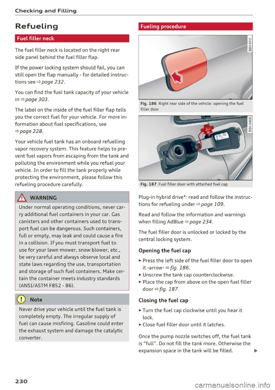 AUDI S3 2016  Owners Manual Checking  and  Filling 
Refueling 
Fuel  filler  neck 
The fuel  filler  neck  is  located  on  the  right  rear 
side  panel  behind  the  fuel  fi ller  flap. 
If  the  power  locking  system  shoul