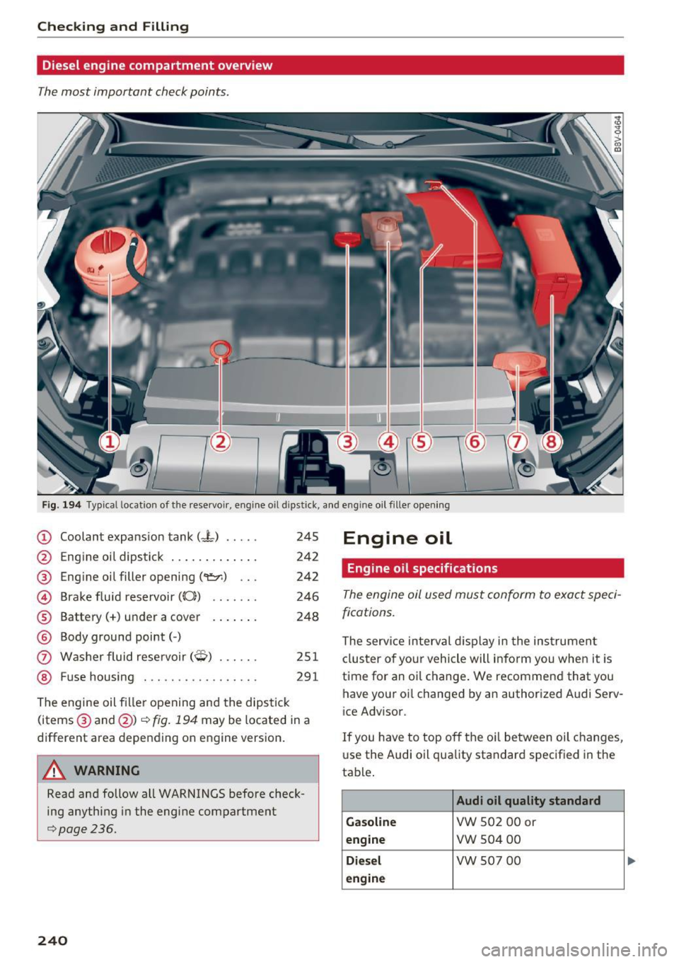 AUDI S3 2016  Owners Manual Checking  and  Filling 
Diesel  engine  compartment  overview 
The most  important  check points. 
Fig. 194 Typical  location  of  the rese rvoir,  engine  o il dipstick,  and  engine  oil fille r ope