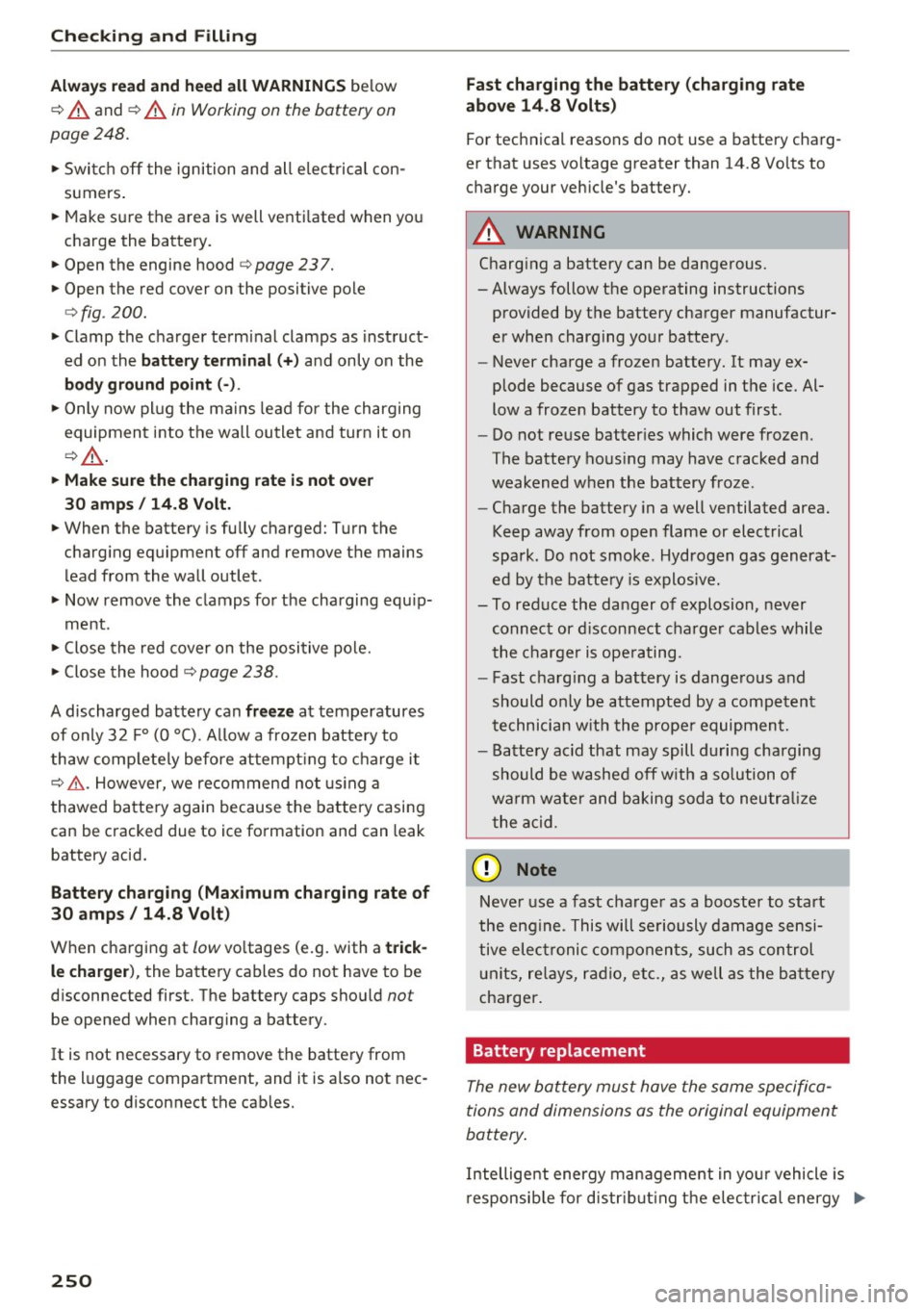 AUDI S3 2016  Owners Manual Check ing  and  F illing 
Al ways  read and  heed  all WARNING S below 
¢ 
A and  ¢ A in Working on  the battery  on 
page  248. 
...  Swi tch off  the  ignition  and  all  electrical  con­
sumers 