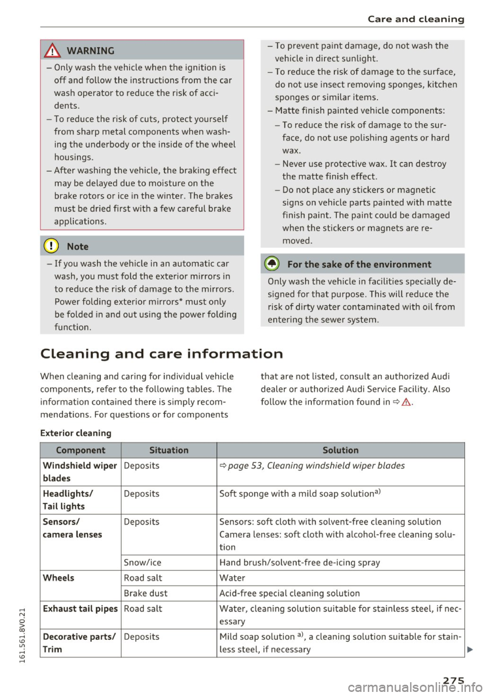 AUDI S3 2016  Owners Manual ,...., 
N 
0 > co ,...., <J:) Lil ,...., <J:) ,...., 
& WARNING 
-Only wash  the  vehicle  when  the  ignition  is 
off  and  follow  the  instructions from  the  car 
wash  operator  to  reduce  the 