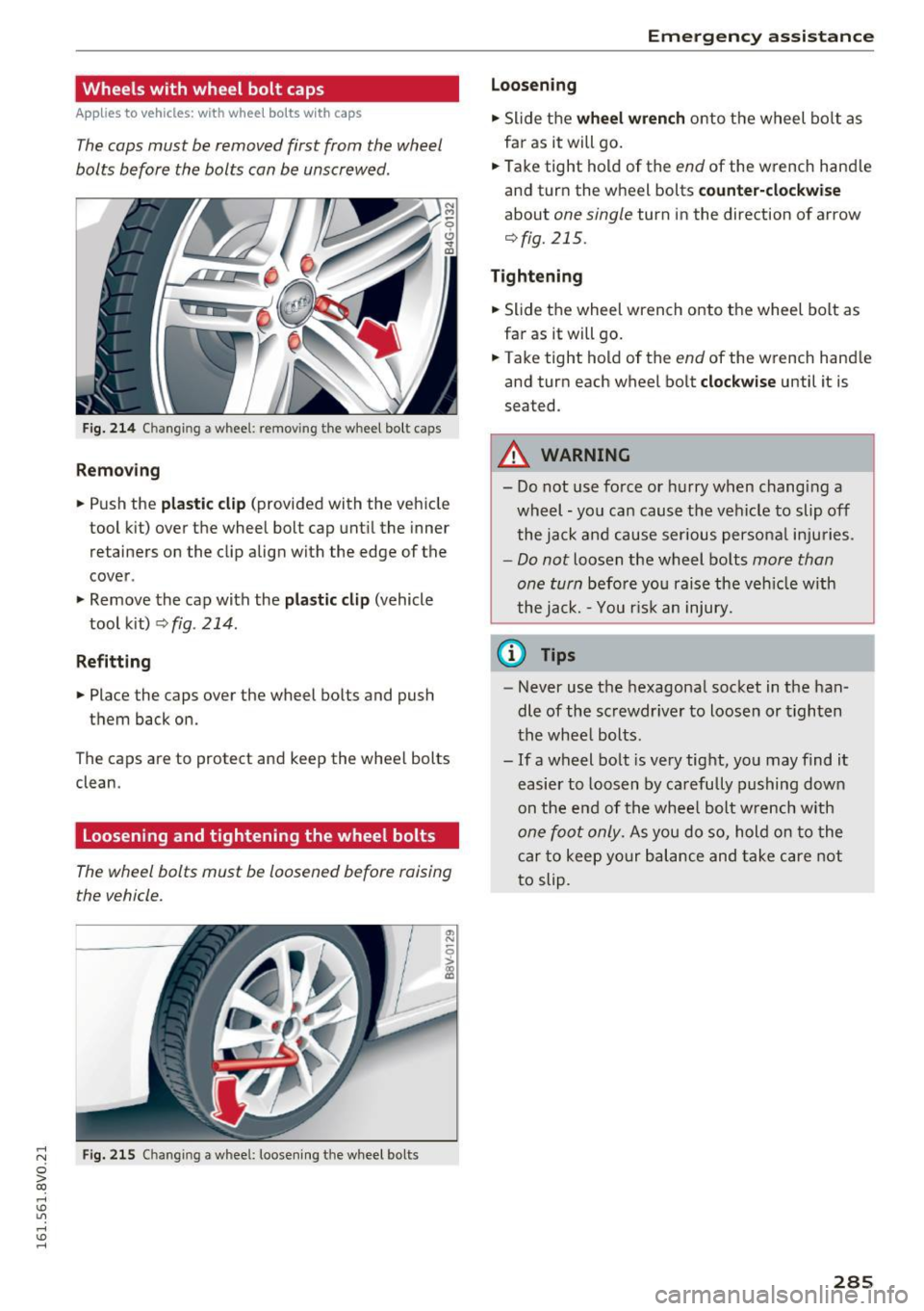 AUDI S3 2016  Owners Manual Wheels  with  wheel  bolt  caps 
Applies to vehicles:  with  whee l bo lts  w ith  caps 
The cops  must  be  removed  first  from  the  wheel 
bolts  before  the  bolts  con be  unscrewed. 
Fig. 214 C