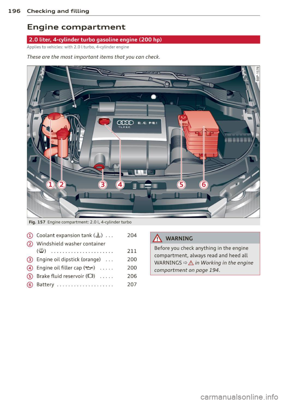 AUDI S3 2012 Owners Manual 196 Checking and filling
Engine compartment
2.0 liter 4-c tinder turbo gasoline engine (200 hp)
Applies to vehicles: with 2.0 l turbo, 4-cylinder engine
These are the most importan AUDI S3 2012 Owners Manual 196 Checking and filling
Engine compartment
2.0 liter 4-c tinder turbo gasoline engine (200 hp)
Applies to vehicles: with 2.0 l turbo, 4-cylinder engine
These are the most importan