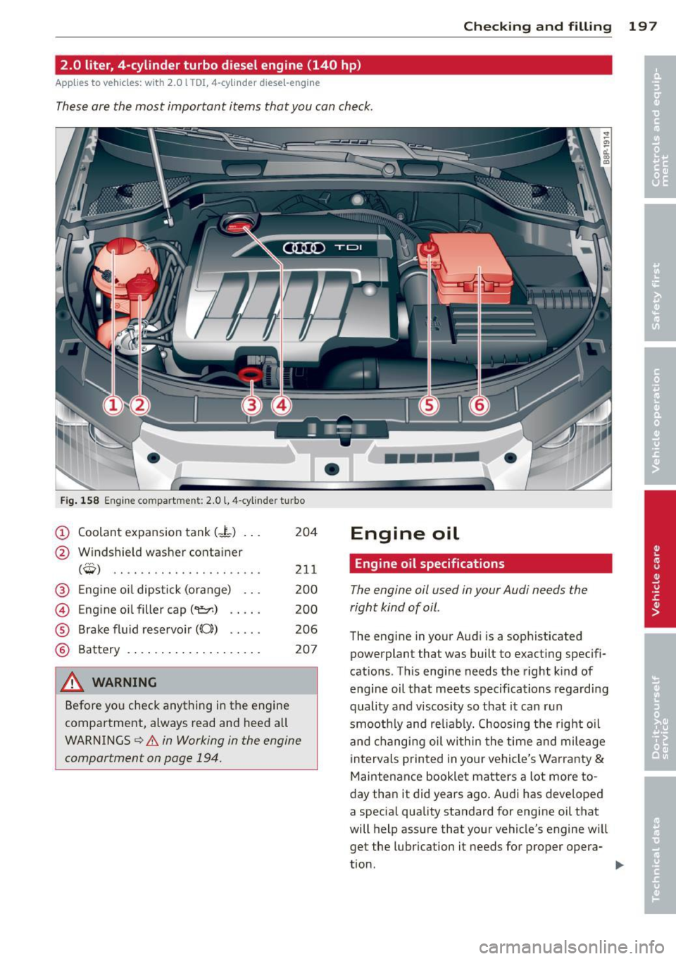 AUDI S3 2012 Owners Manual Checking and fillin g 197
2.0 liter, 4-cylinder turbo diesel engine (140 hp)
Applies to vehicles: with 2.0 l TOI, 4-cylinder diese l-engin e
These are the most important items that y AUDI S3 2012 Owners Manual Checking and fillin g 197
2.0 liter, 4-cylinder turbo diesel engine (140 hp)
Applies to vehicles: with 2.0 l TOI, 4-cylinder diese l-engin e
These are the most important items that y