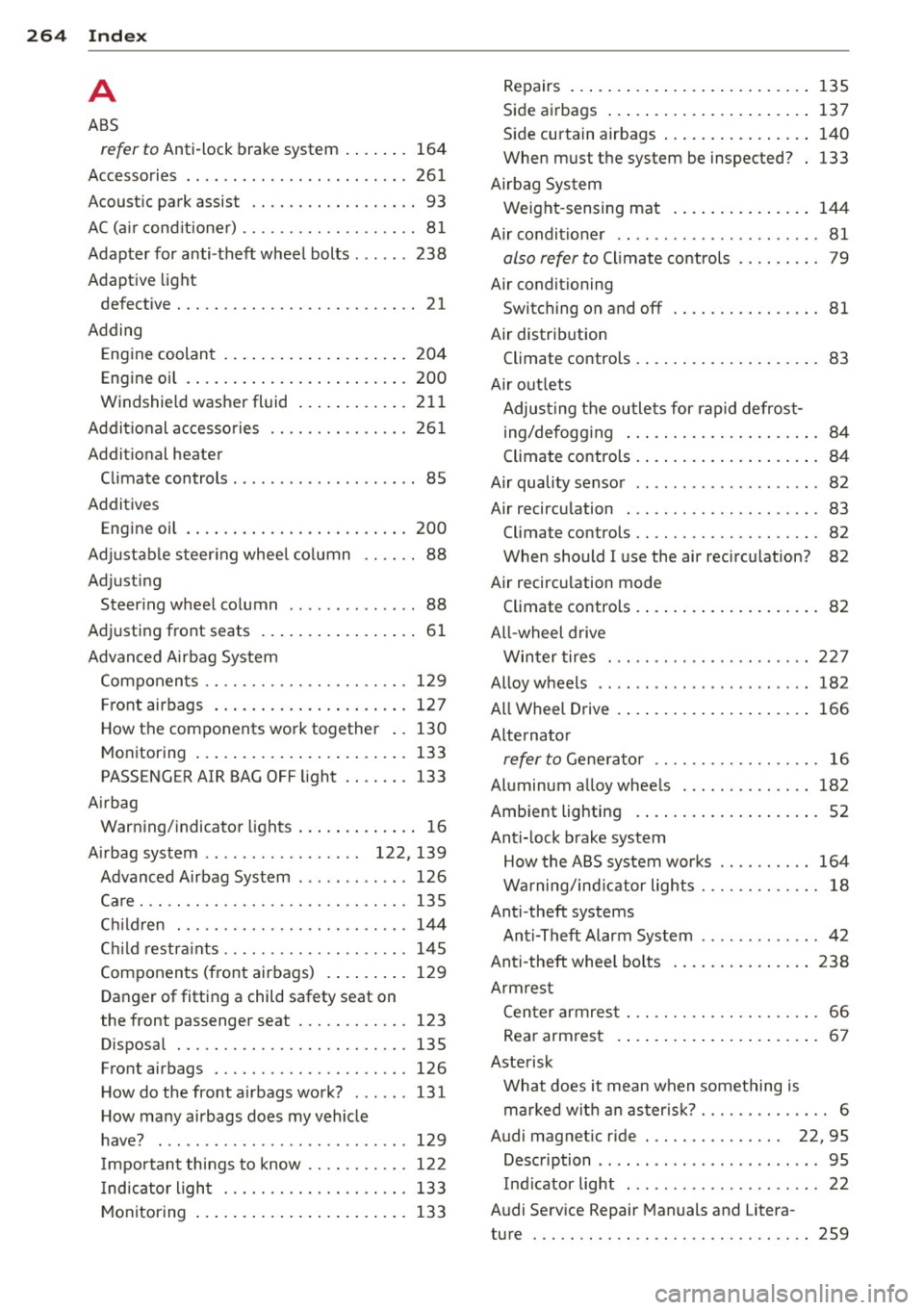 AUDI S3 2012 Owners Manual 264 Index .:..:..:..::....::..
...:..._ ___________________________ _
A
ABS
refer to Anti-lock brake system . ... .. . 164
Accessories .. ... .. ..... ... .. .. .. .. . 26 1
Acoust ic park AUDI S3 2012 Owners Manual 264 Index .:..:..:..::....::..
...:..._ ___________________________ _
A
ABS
refer to Anti-lock brake system . ... .. . 164
Accessories .. ... .. ..... ... .. .. .. .. . 26 1
Acoust ic park