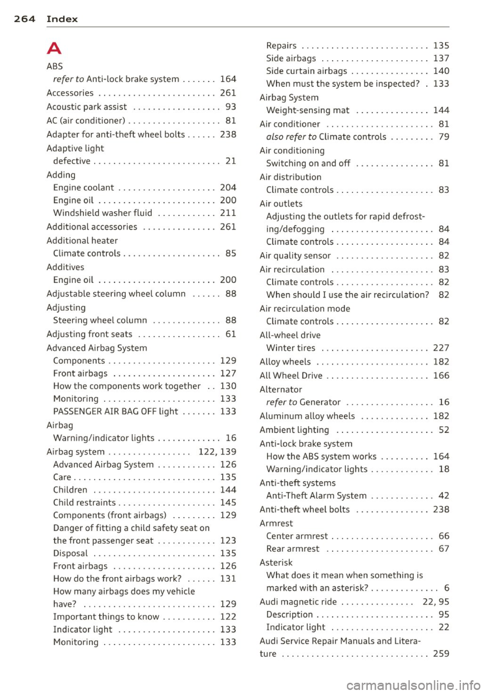 AUDI S3 2012  Owners Manual 264  Index .:..:..:..::....::..
...:..._ ___________________________ _ 
A 
ABS 
refer  to Anti-lock  brake system  . ... .. .  164 
Accessories  .. ... .. ..... ... .. .. .. .. .  26 1 
Acoust ic park